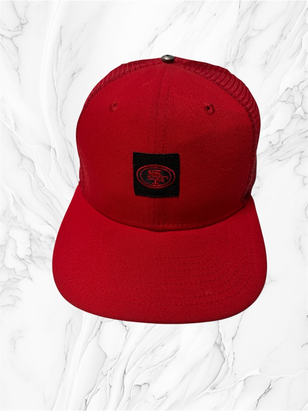 New Era Red and Black 49ers Coach trucker Mesh Snapback Hat